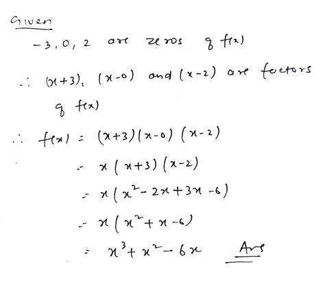 Zeros -2 , 0, 1 ; degree 3 Type a polynomial with integer coefficients and a leading coefficient of 1. . Form a polynomial whose zeros and degree are given